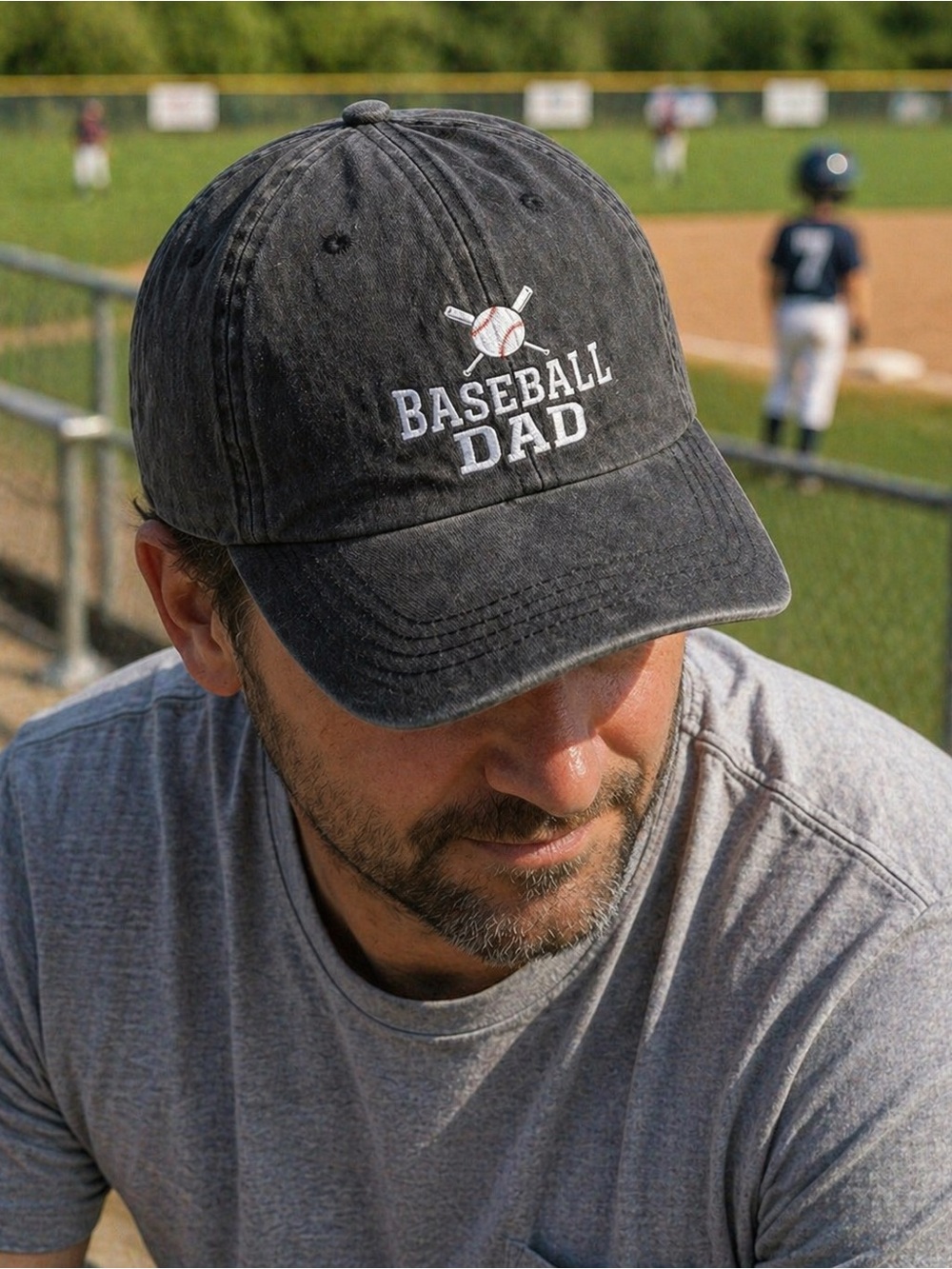 Baseball Dad Hat Charcoal Gray Distressed Cap Sports Gift Father’s Day  Game Day